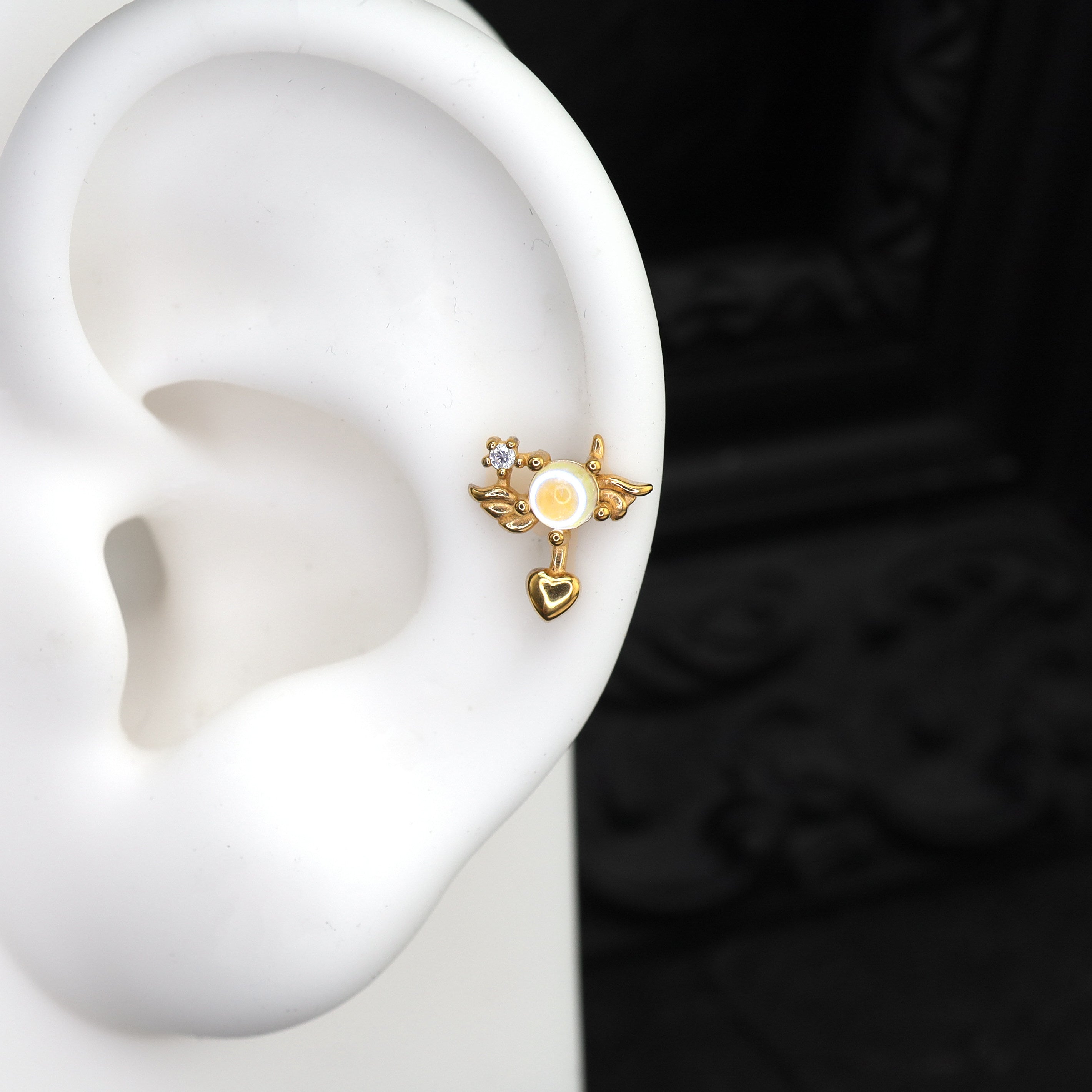 Dainty Opal Heart Angel Wings Stud - Guardian Angel Cartilage & Helix Earring