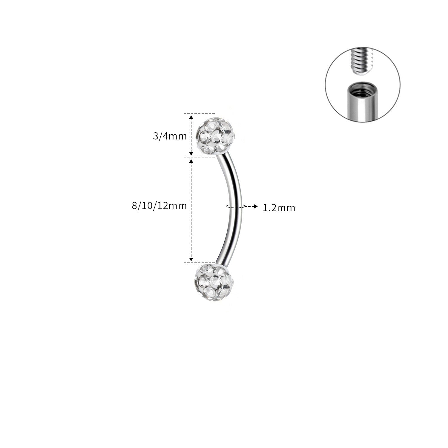 ASTM F136 Titanium Full CZ Curved Barbell - Internally Threaded Eyebrow & Rook Ring