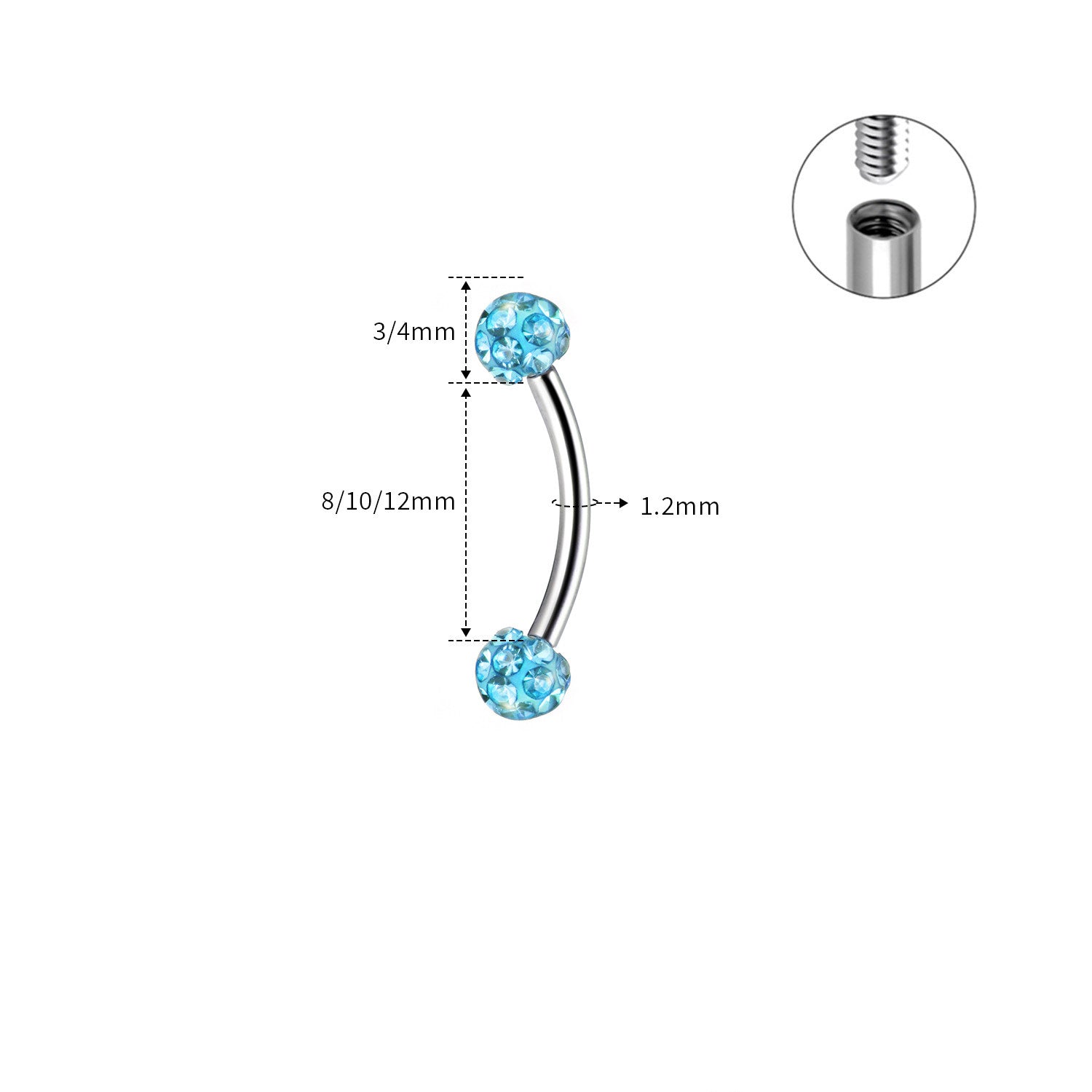 ASTM F136 Titanium Full CZ Curved Barbell - Internally Threaded Eyebrow & Rook Ring