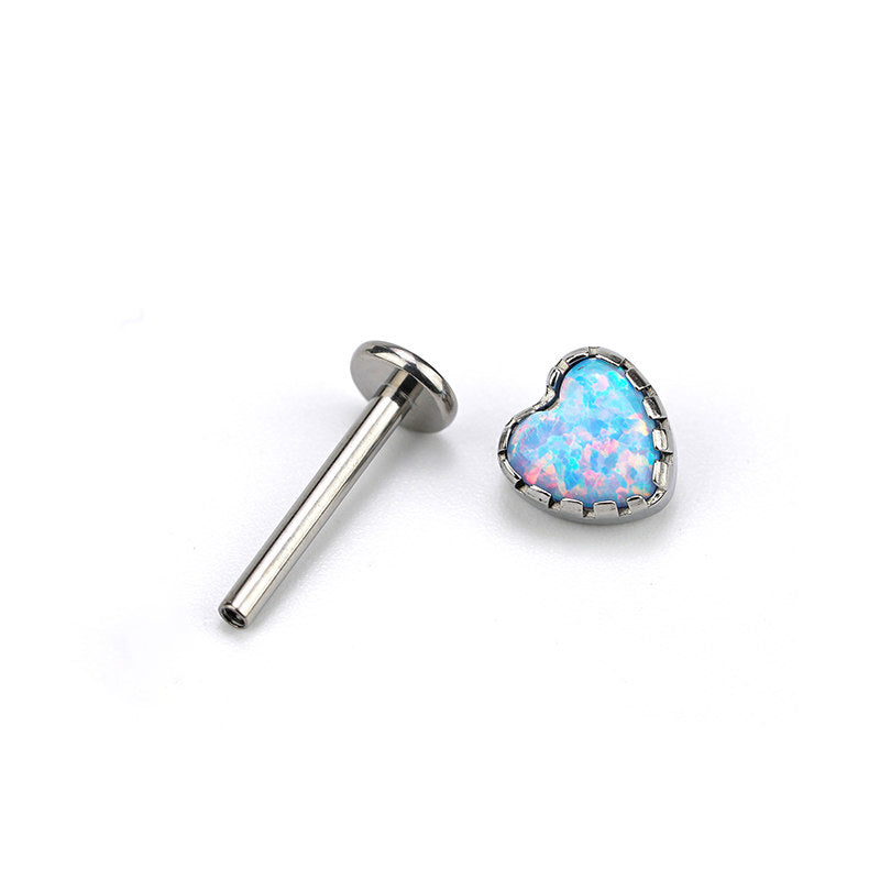 ASTM F136 Titanium Heart Opal Labret Stud - Internally Threaded Cartilage & Lip Piercing