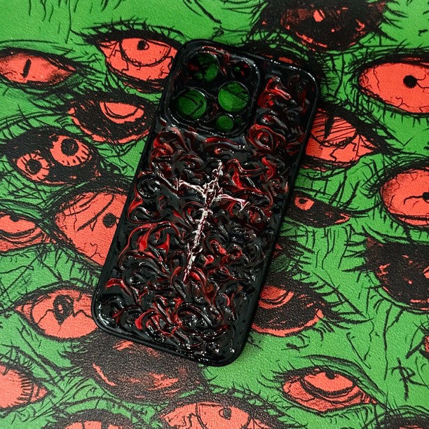 "Gothic Relics" 3D Embossed Phone Case | Bloody Cross, Fallen Angel & Spine Ribcage Art