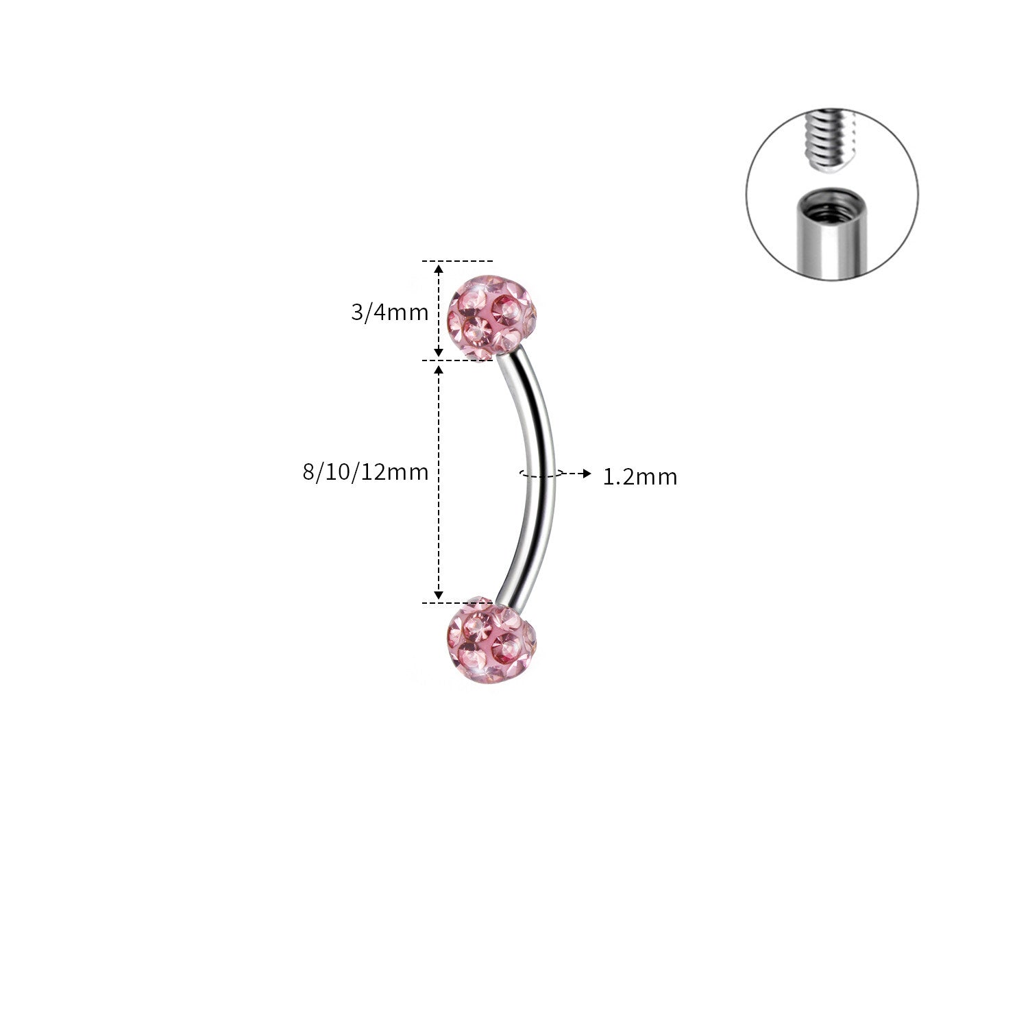 ASTM F136 Titanium Full CZ Curved Barbell - Internally Threaded Eyebrow & Rook Ring