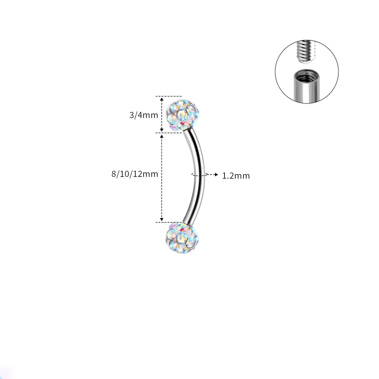 ASTM F136 Titanium Full CZ Curved Barbell - Internally Threaded Eyebrow & Rook Ring