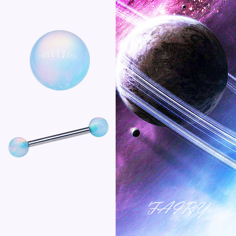 Aurora Iridescent Double 5mm Opal Tongue Ring | F136 Titanium Internally Threaded Nebula