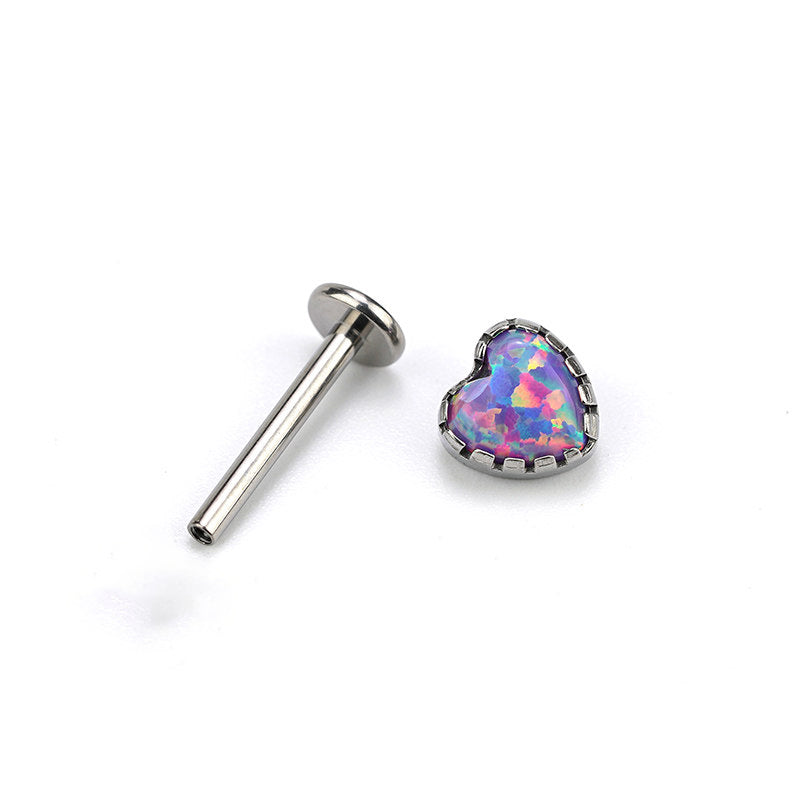 ASTM F136 Titanium Heart Opal Labret Stud - Internally Threaded Cartilage & Lip Piercing