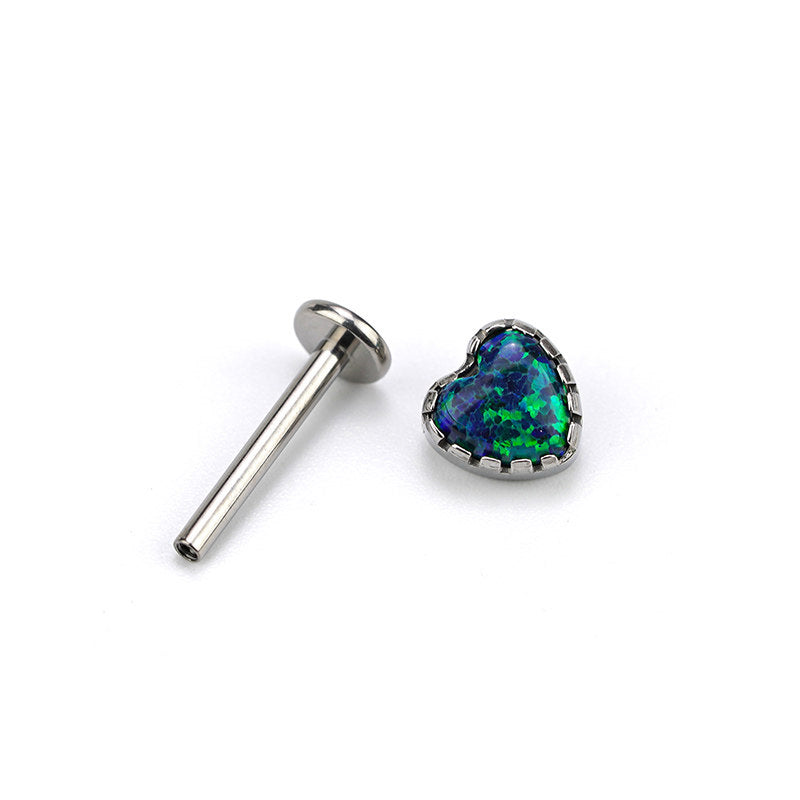 ASTM F136 Titanium Heart Opal Labret Stud - Internally Threaded Cartilage & Lip Piercing