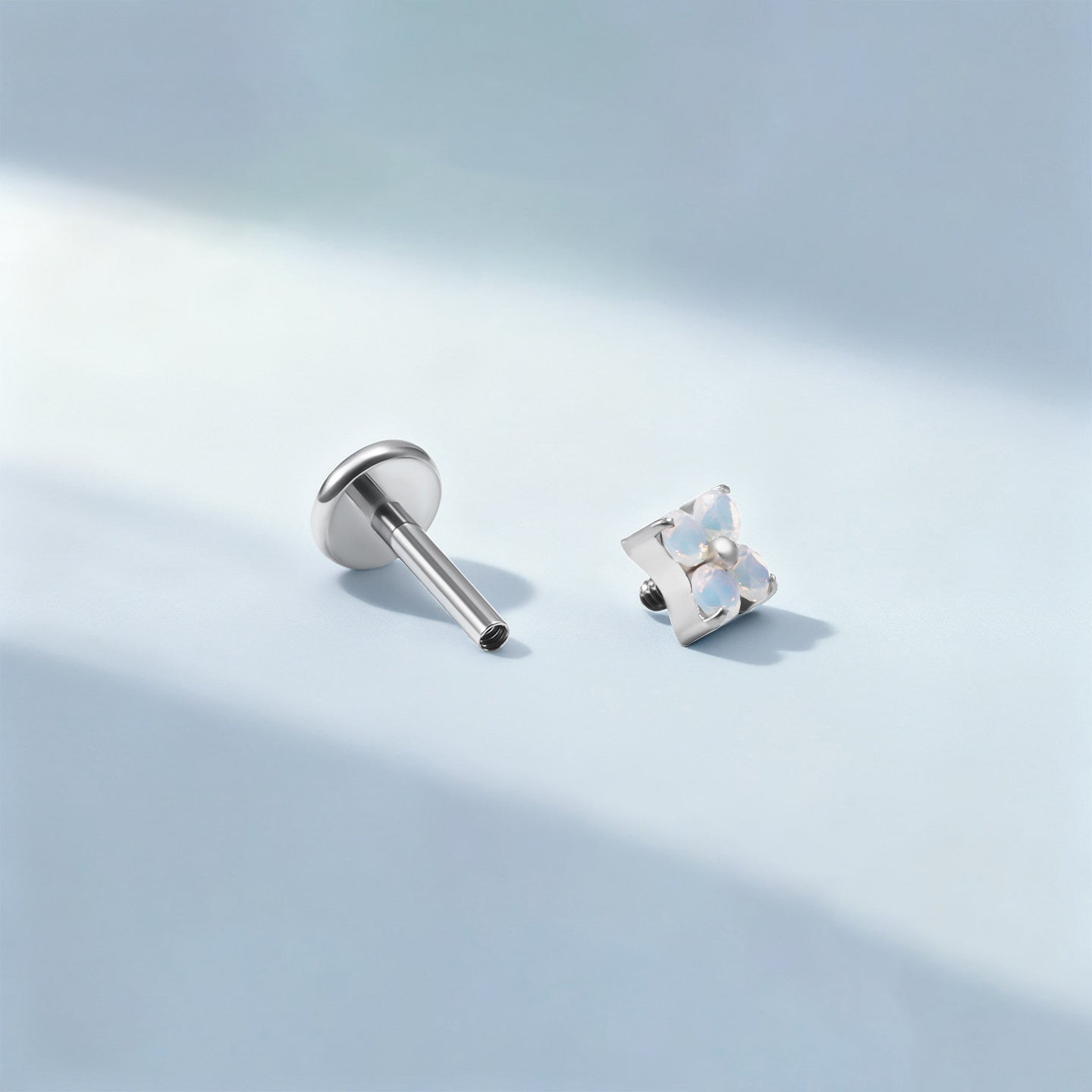 F136 Titanium Four Leaf Clover Opal Internally Threaded Flat Back Studs