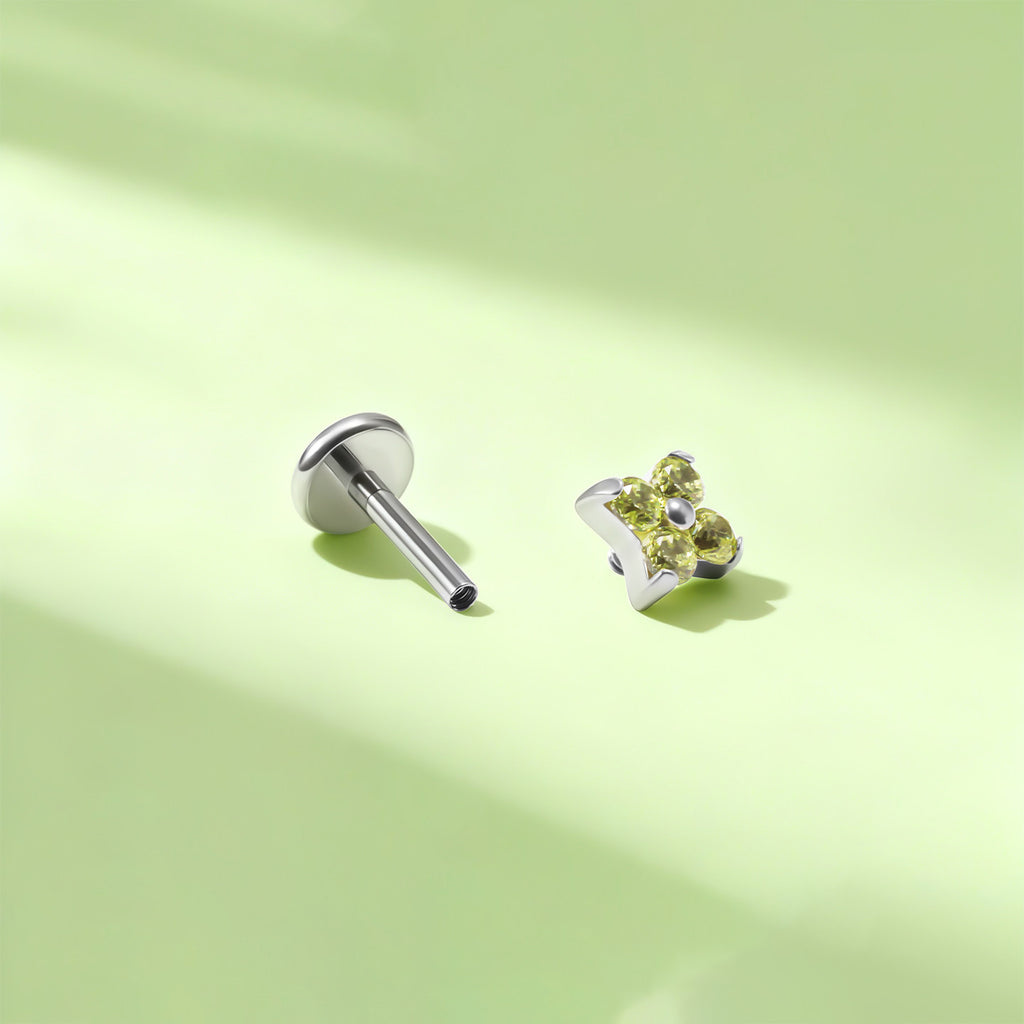 F136 Titanium Four Leaf Clover Opal Internally Threaded Flat Back Studs