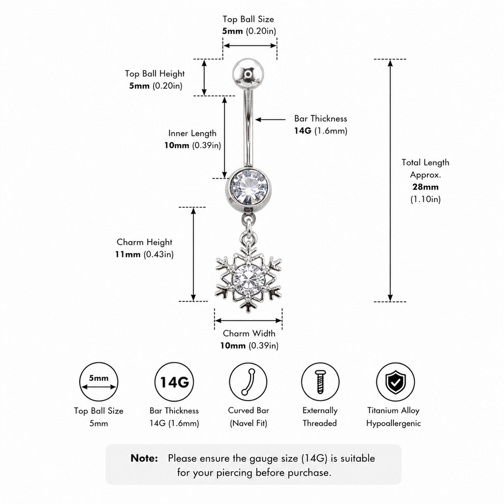 Anneau de nombril pendant en acier inoxydable avec zircon cubique en forme de flocon de neige 