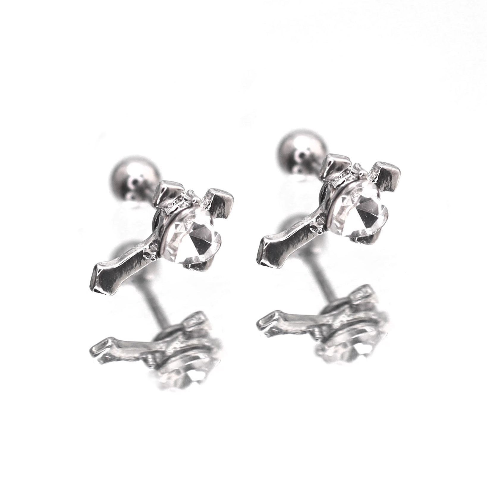PAIR OF Heart CZ Cross stainless steel Ear Studs - PAIR OF Heart CZ Cross stainless steel Ear Studs - Pair of Silver / 0.8mm/20G by CRUXJEWELRY