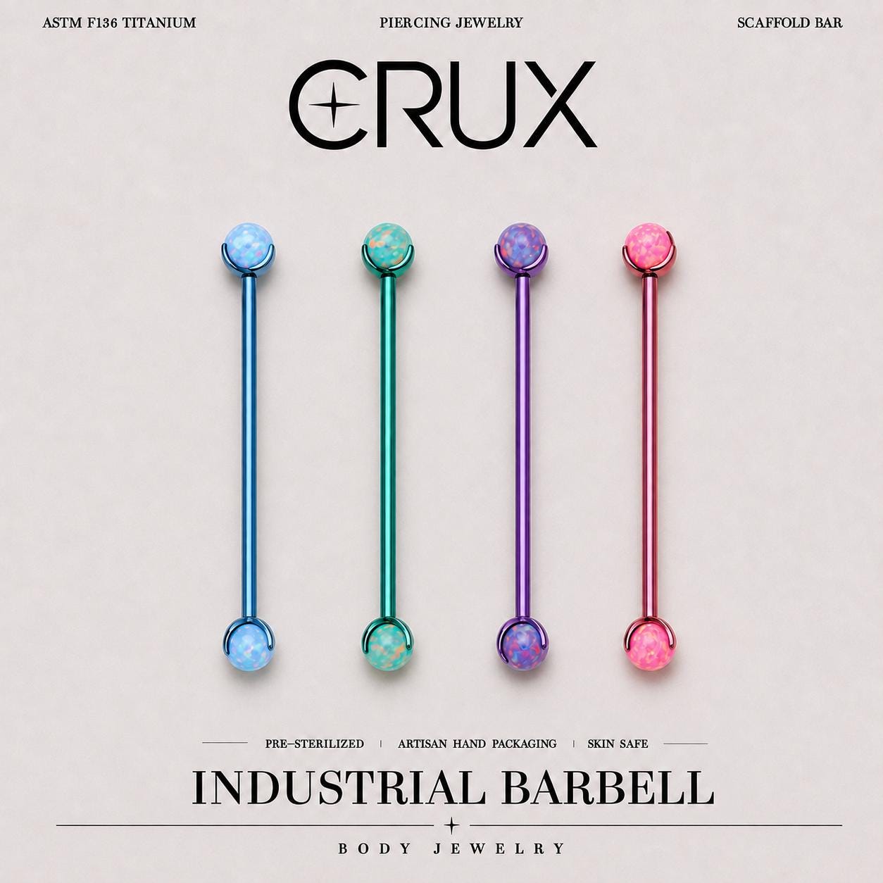 Aurora Opal titanium industrial barbell, front view