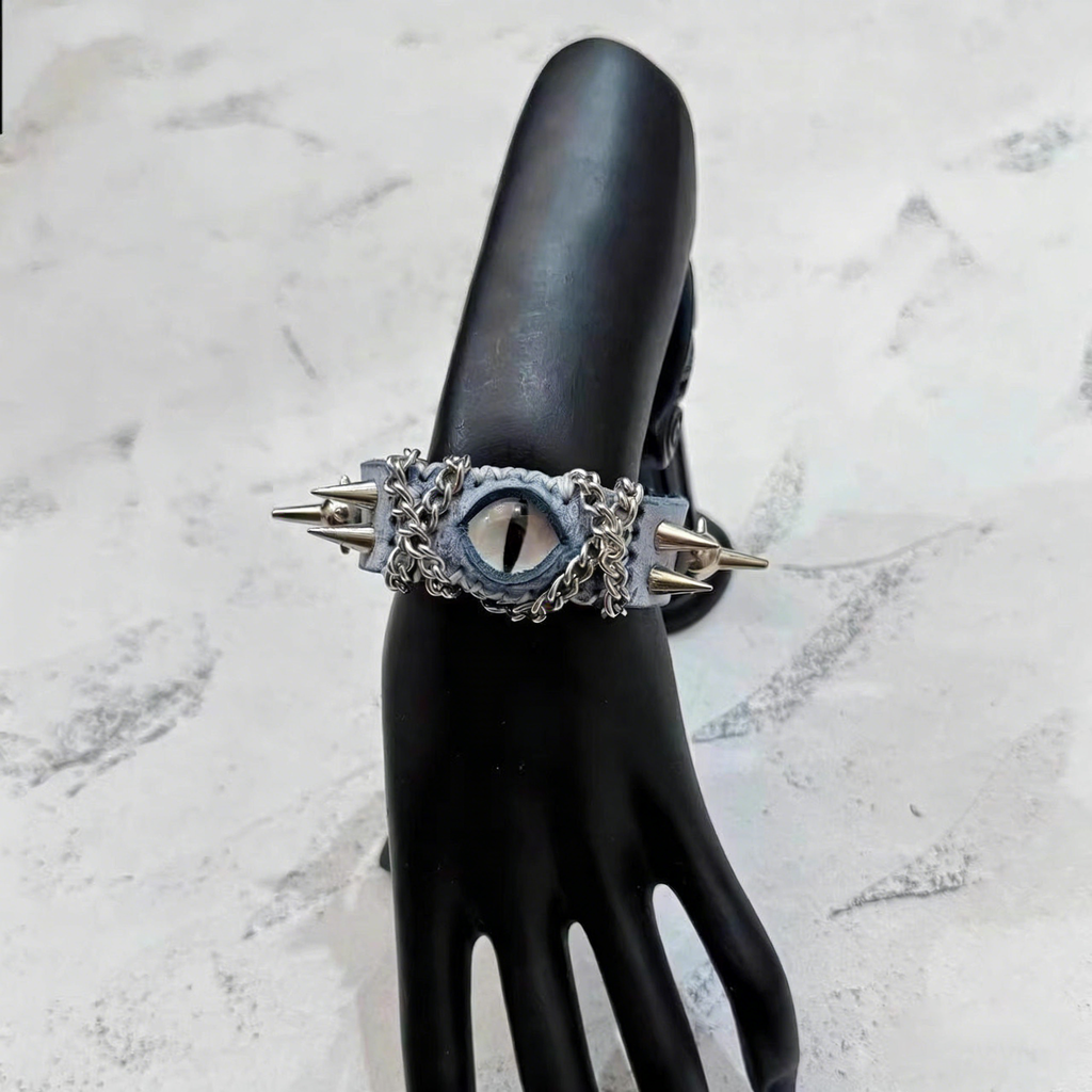 Gothic Acid Wash Blue Leather Bracelet - White Dragon Eye Spiked Cuff - Grunge Silver Chain Wristband - Winter Punk Aesthetic