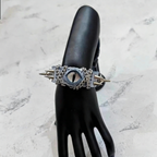 Gothic Acid Wash Blue Leather Bracelet - White Dragon Eye Spiked Cuff - Grunge Silver Chain Wristband - Winter Punk Aesthetic