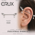 Bat Wing Crystal titanium industrial barbell, front view