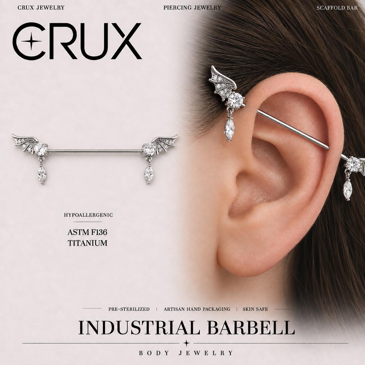 Bat Wing Crystal titanium industrial barbell, front view