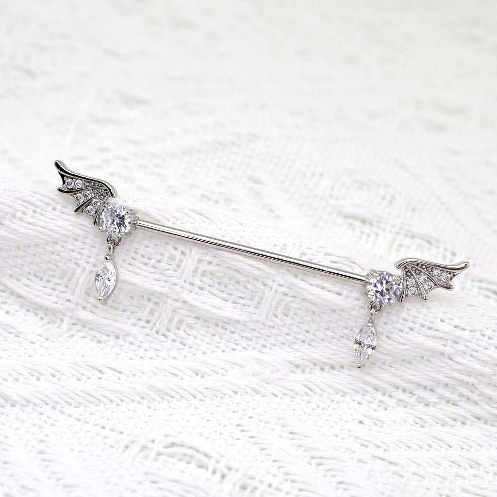 Bat Wing Crystal titanium industrial barbell, detail view 3