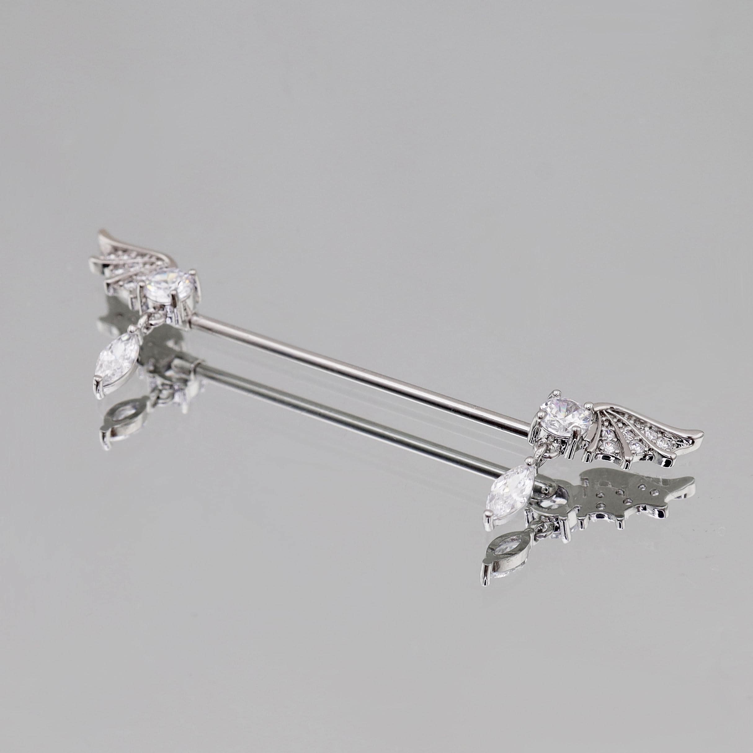 Bat Wing Crystal titanium industrial barbell, detail view 4