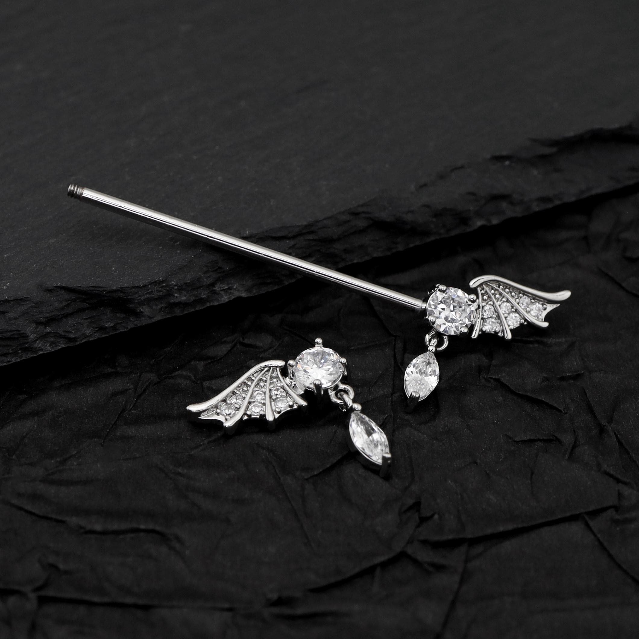 Bat Wing Crystal titanium industrial barbell, detail view 5