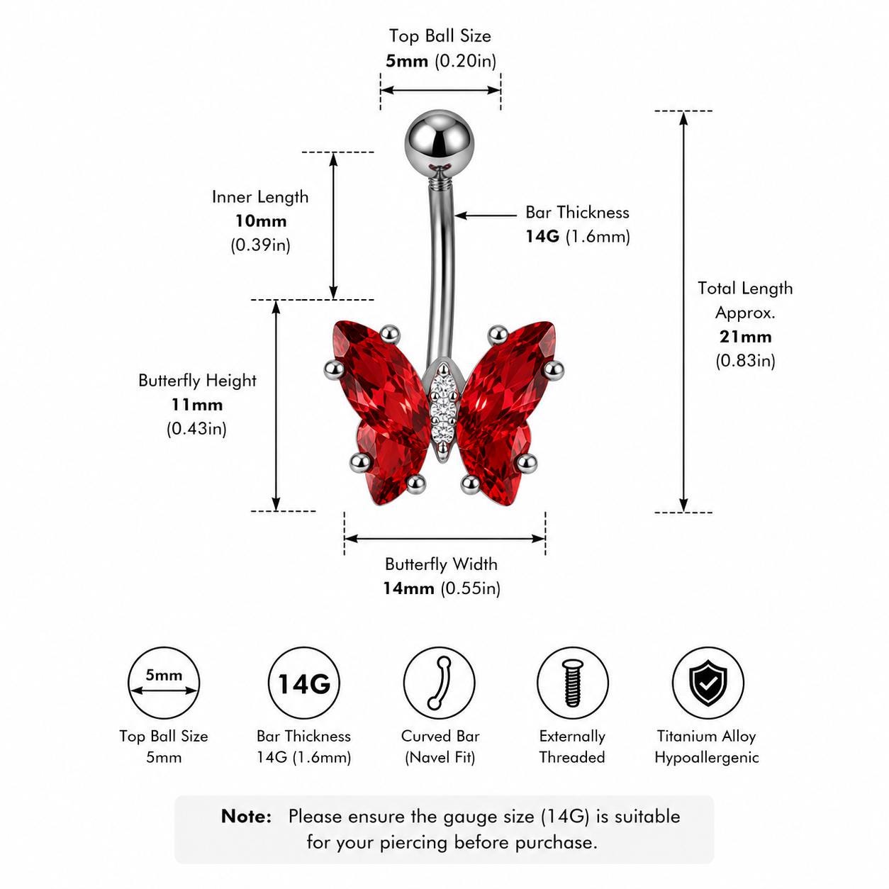 Crystal Butterfly Titanium Belly Ring detail 9