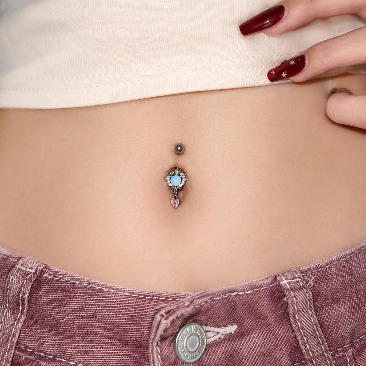 Opal Pink Heart Titanium Belly Ring detail 4