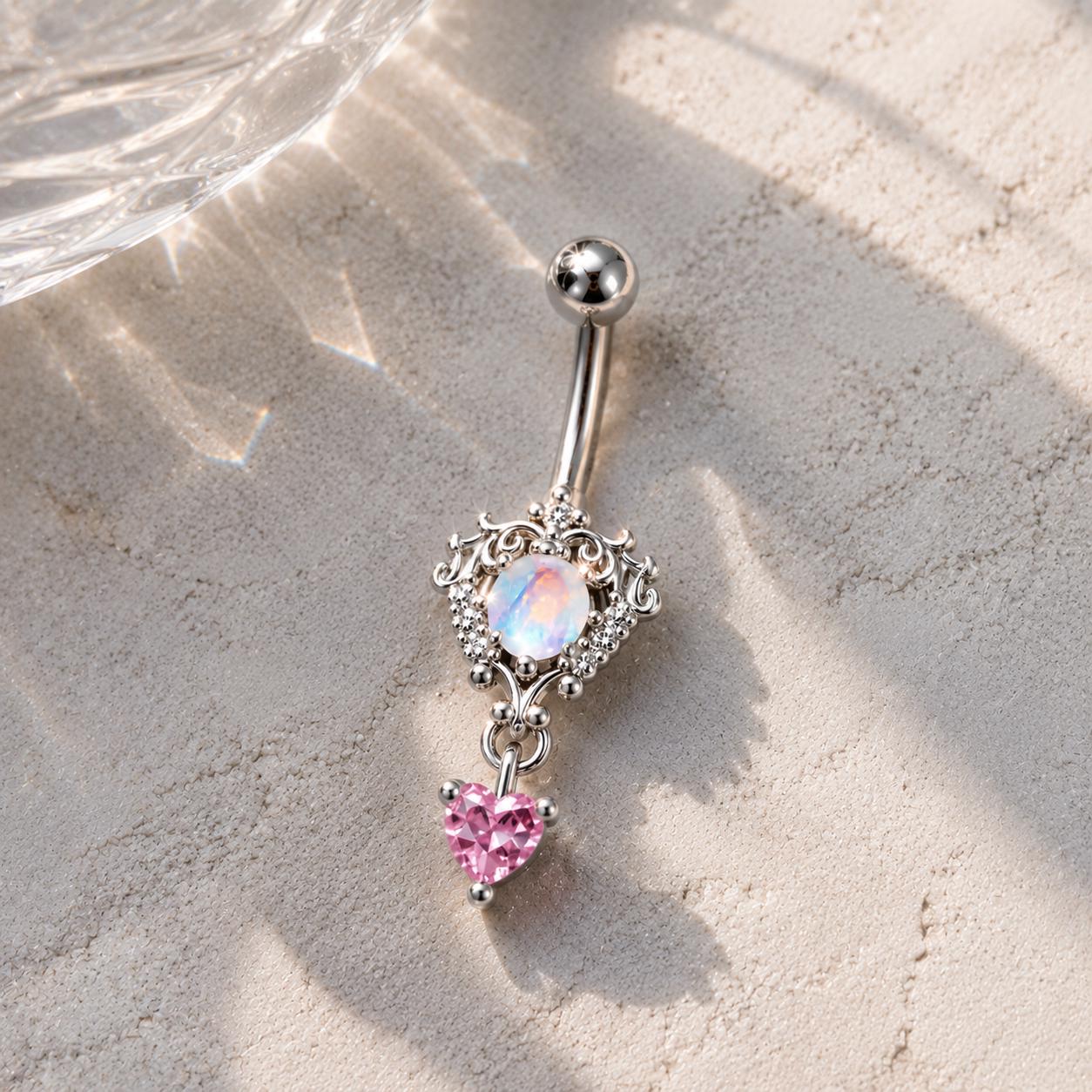 Opal Pink Heart Titanium Belly Ring detail 5