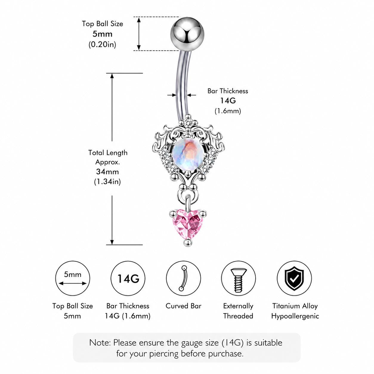 Opal Pink Heart Titanium Belly Ring detail 7