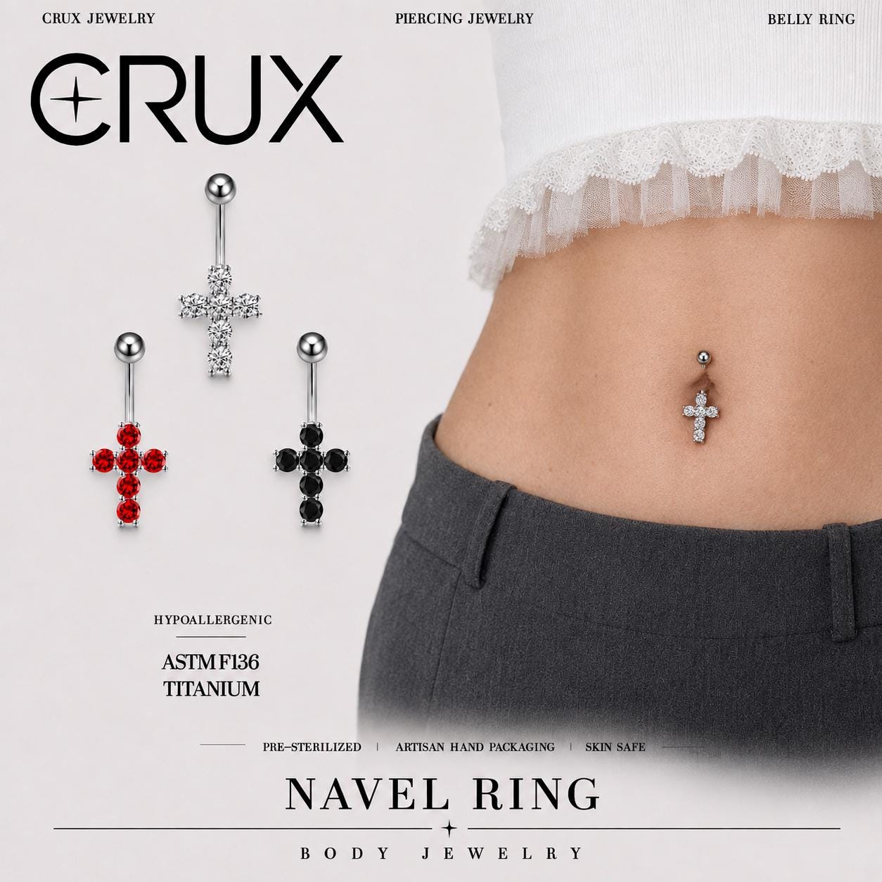 CZ Cross Titanium Belly Ring