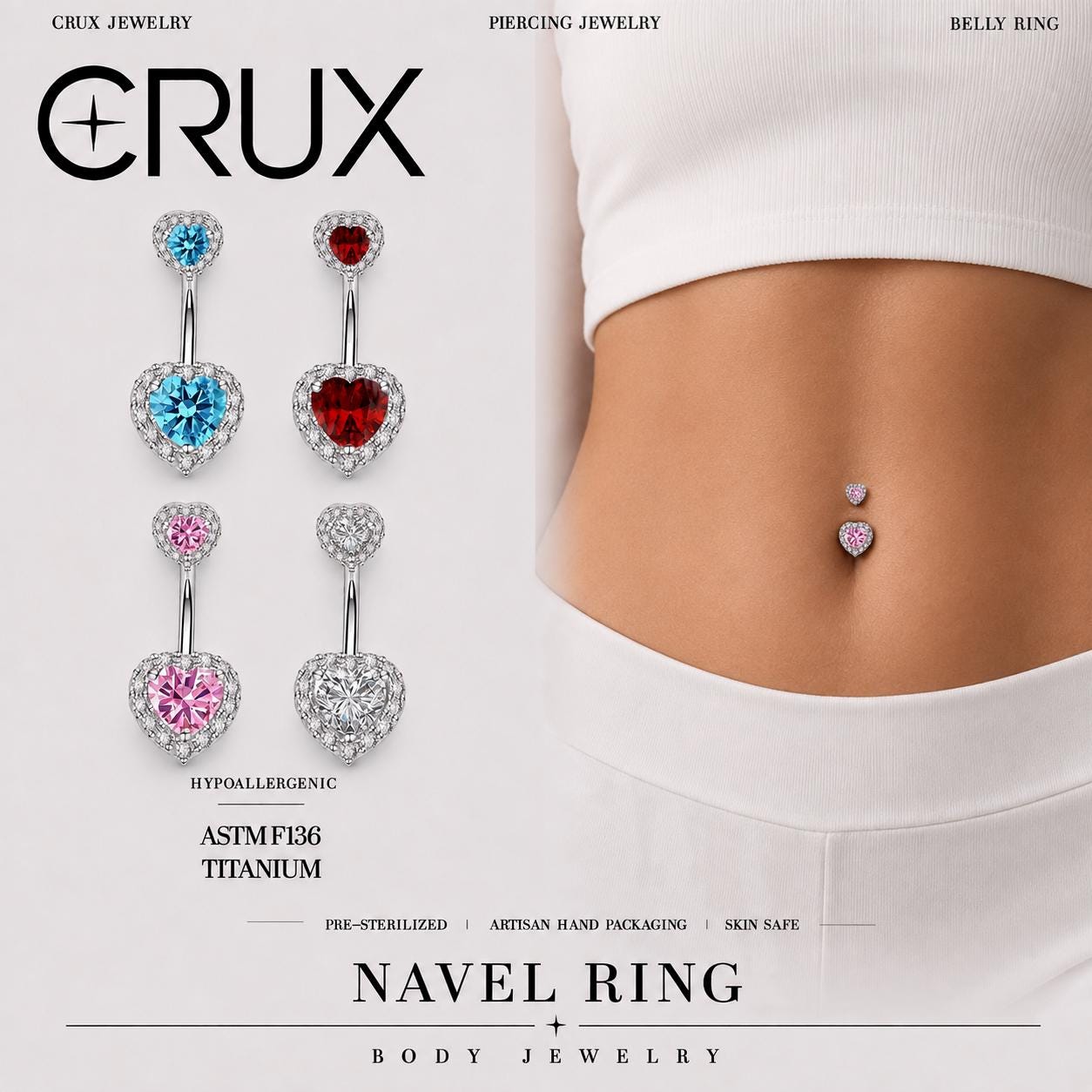 Double Heart CZ Titanium Belly Ring