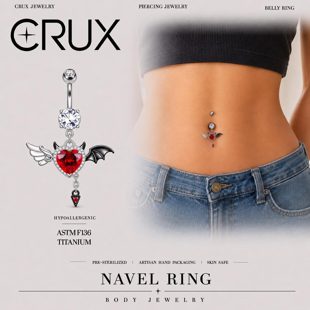 Red CZ Winged Heart Belly Ring
