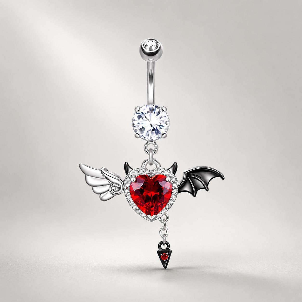 Red CZ Winged Heart Belly Ring detail 4