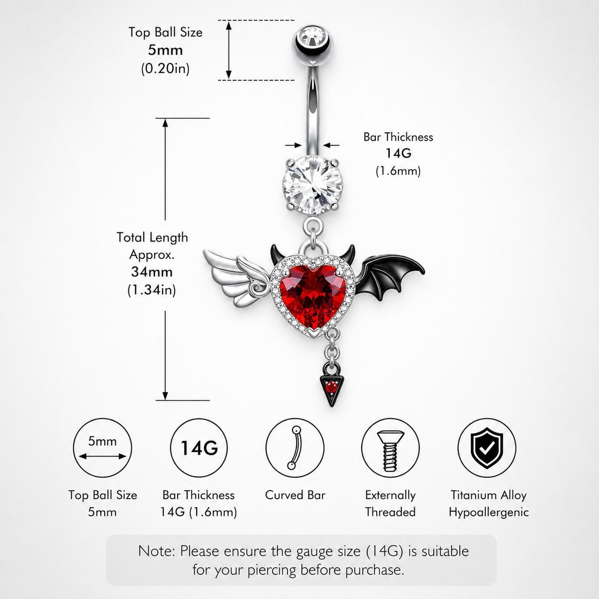 Red CZ Winged Heart Belly Ring detail 5