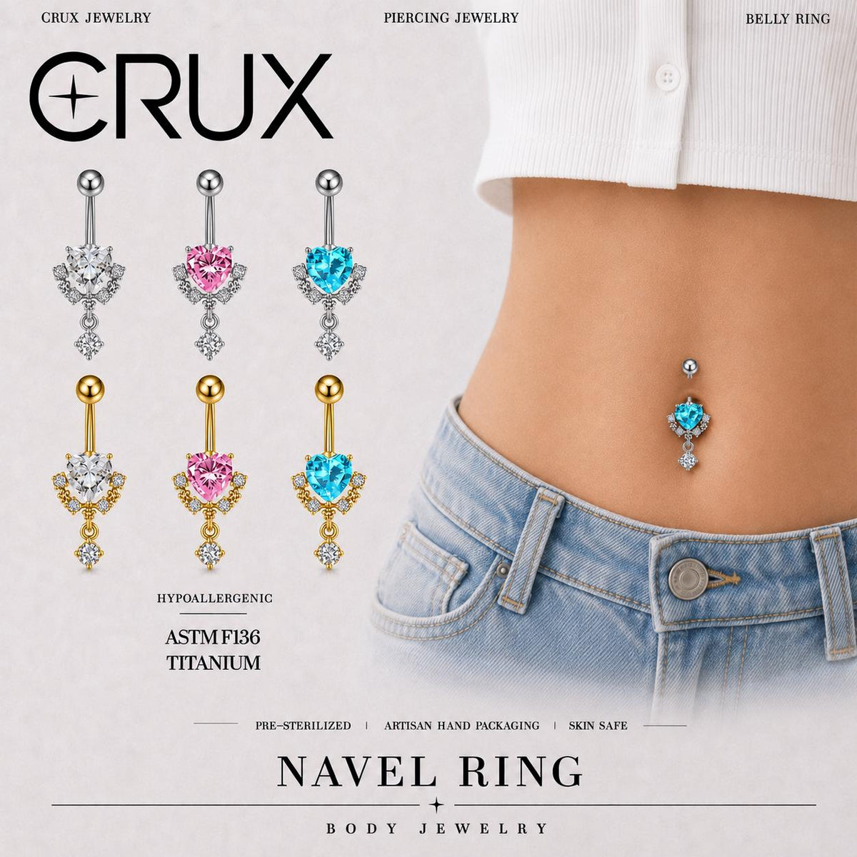 CZ Heart Dangle Titanium Belly Ring