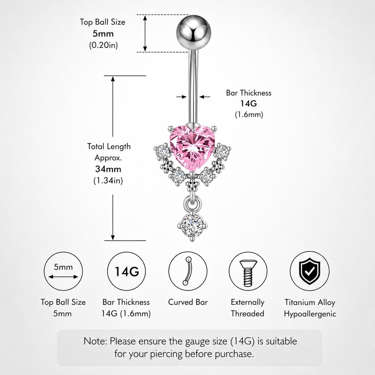 CZ Heart Dangle Titanium Belly Ring detail 10