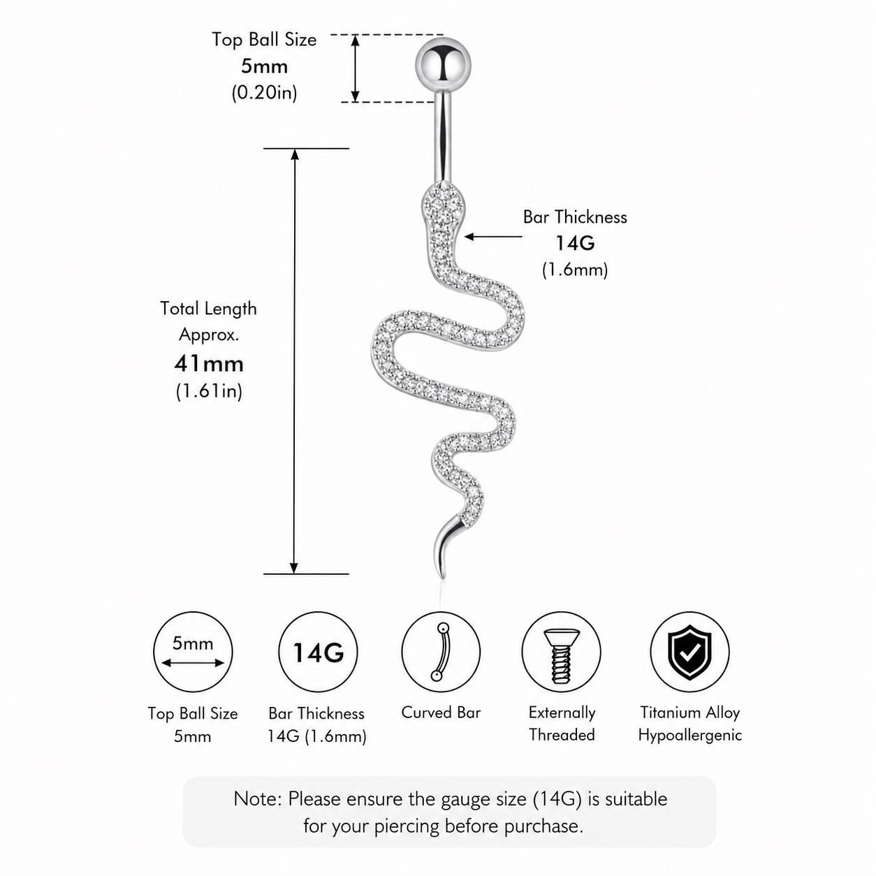 Snake CZ Titanium Belly Ring detail 6