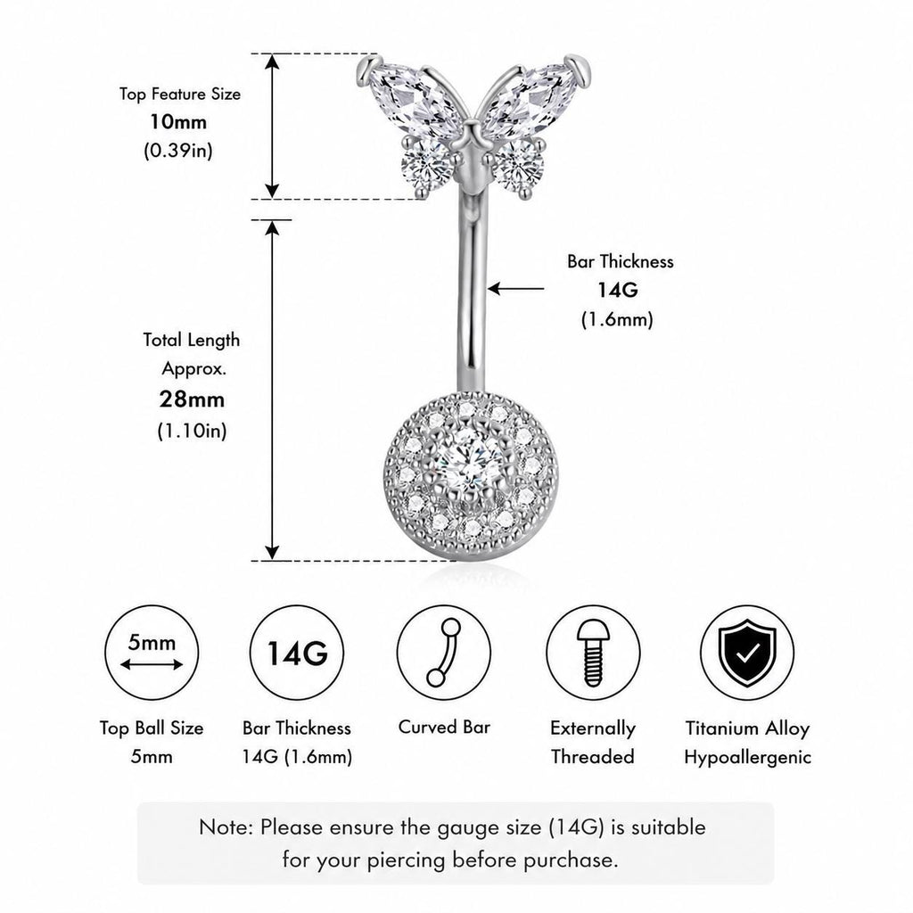 Pavé Butterfly Titanium Belly Ring detail 7