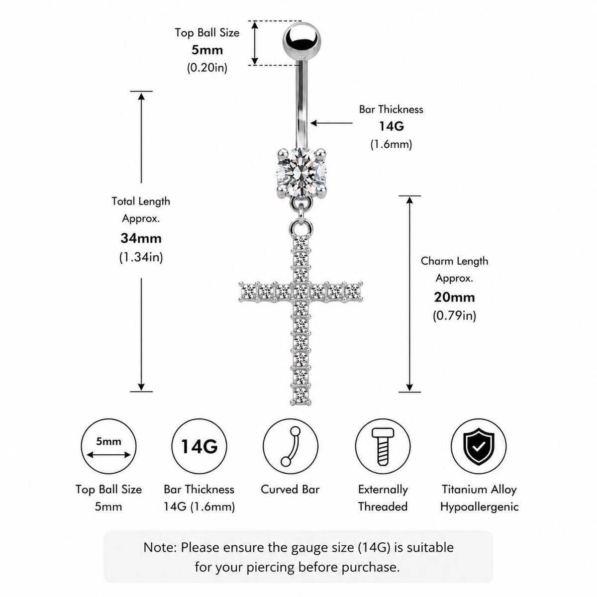 Dangle Cross Titanium Belly Ring detail 7