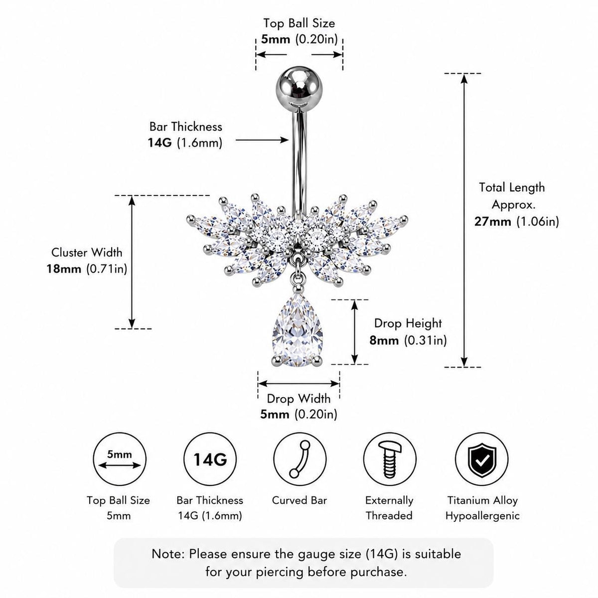 Butterfly Dangle Titanium Belly Ring detail 8