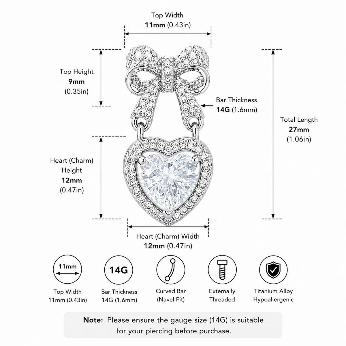 Bow Heart Titanium Belly Ring detail 10