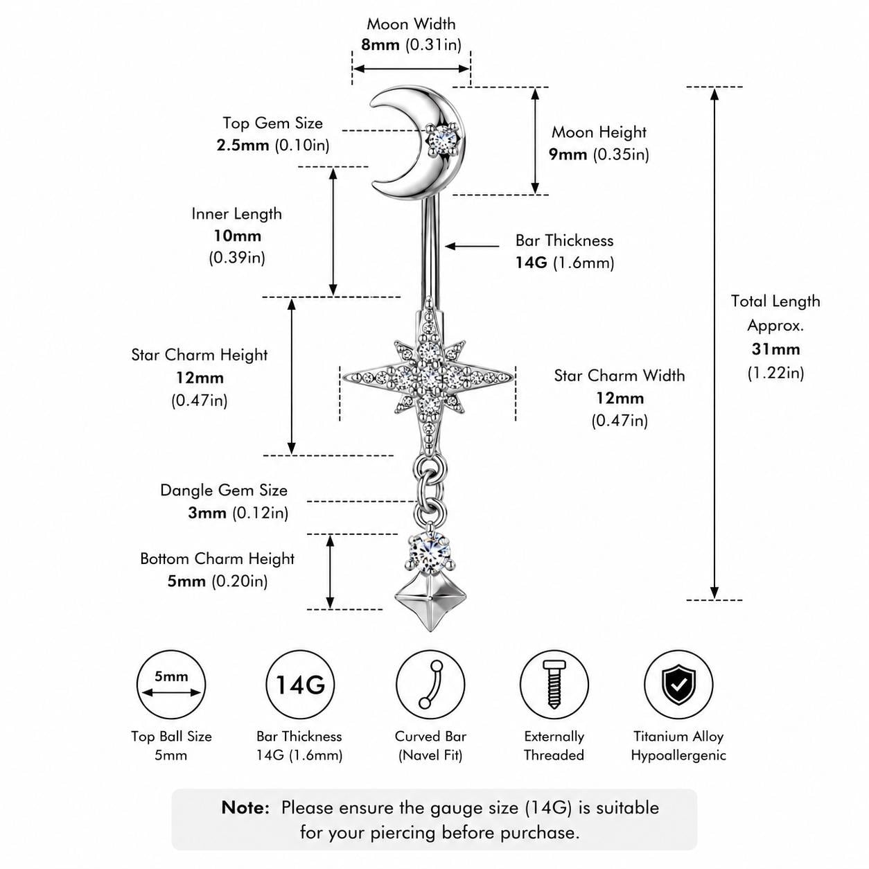 Moon Star Titanium Belly Ring detail 8