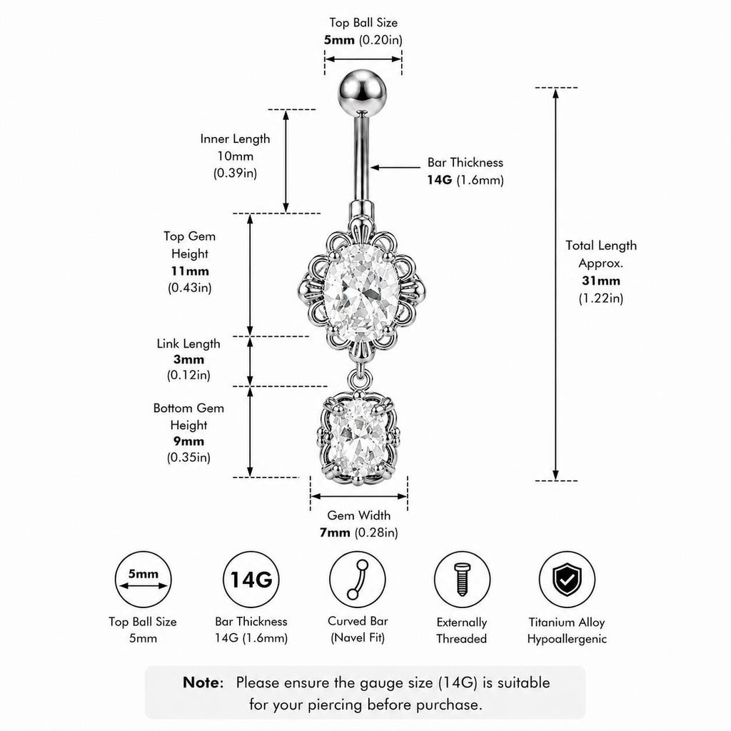 Oval Gem Titanium Belly Ring detail 7