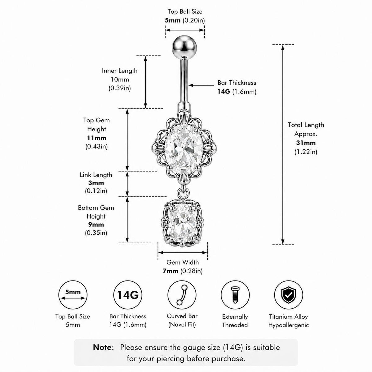 Oval Gem Titanium Belly Ring detail 7