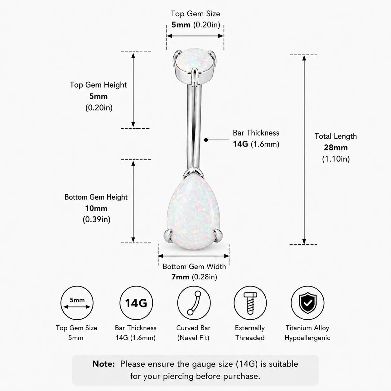 Opal Teardrop Titanium Belly Ring detail 10