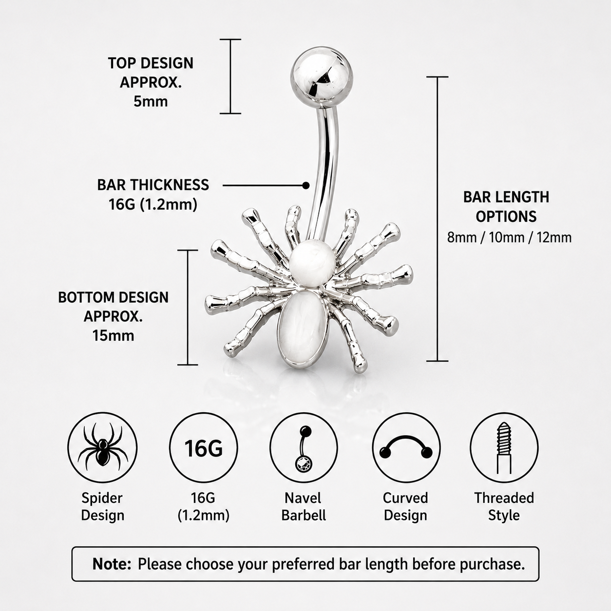 Spider CZ Stainless Steel Belly Ring