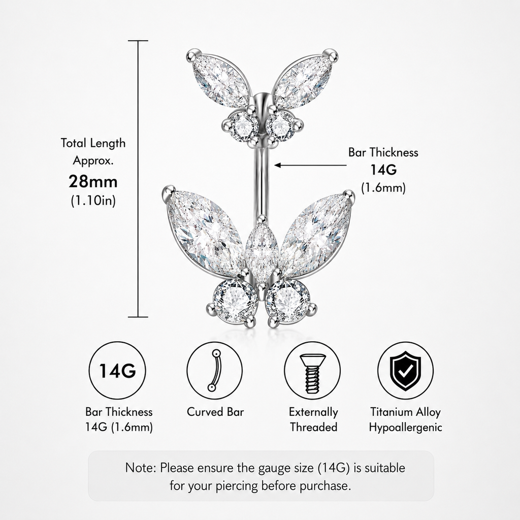 Bauchnabelpiercing mit Schmetterlingsmotiv aus 925er Sterlingsilber und Zirkonia 