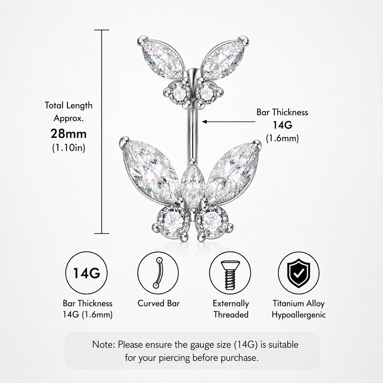 Bauchnabelpiercing mit Schmetterlingsmotiv aus 925er Sterlingsilber und Zirkonia 