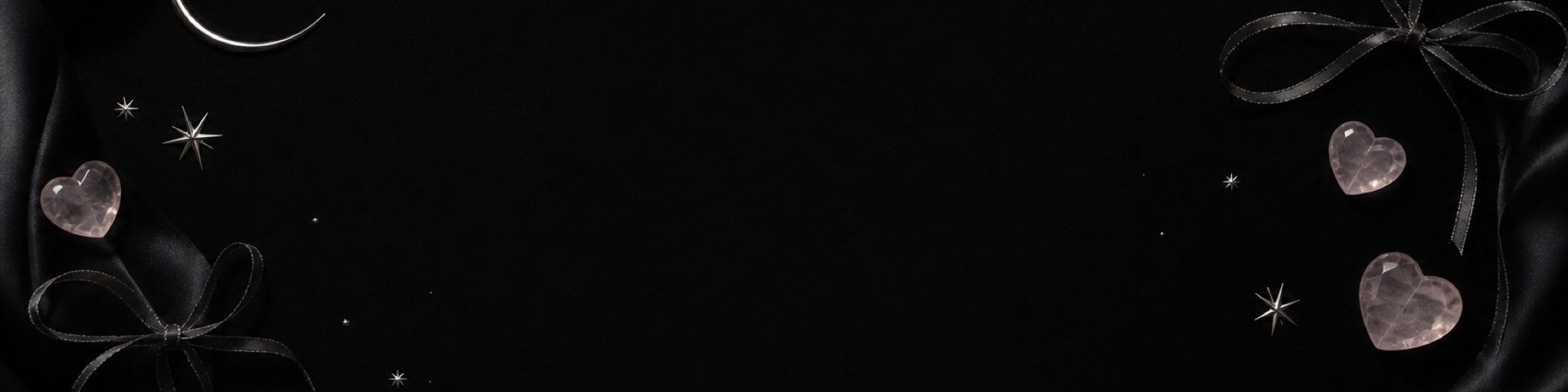 Moonlit dark cute newsletter background with crescent moons, stars, ribbons and pale pink hearts