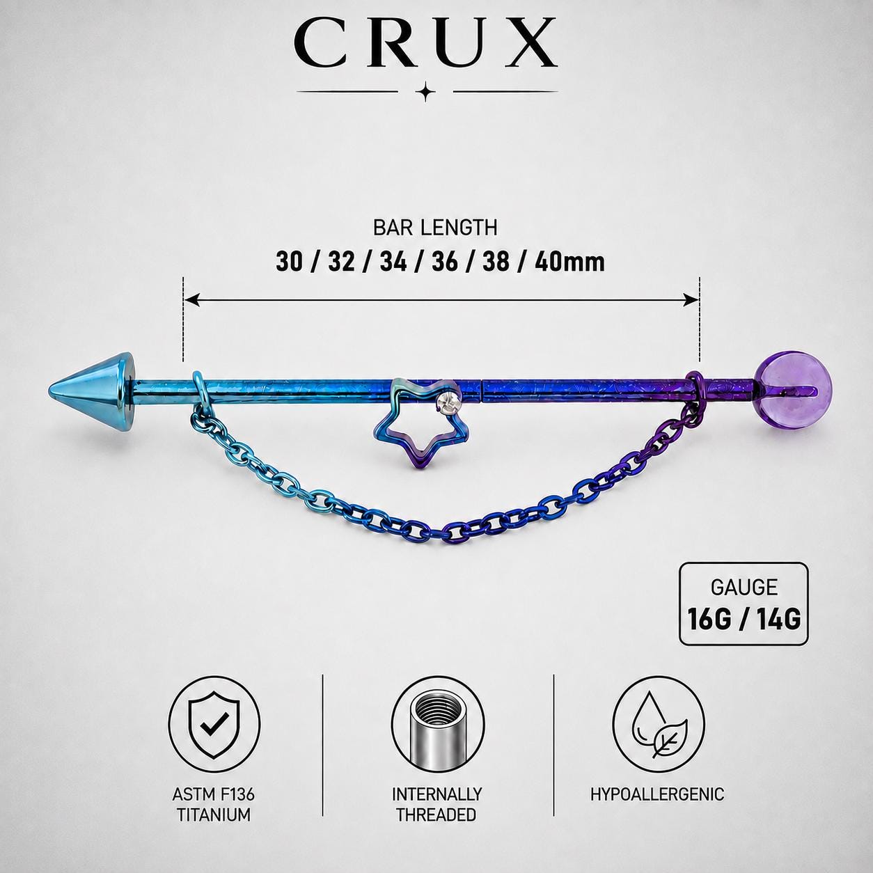Crystal Star Chain titanium industrial barbell, detail view 9