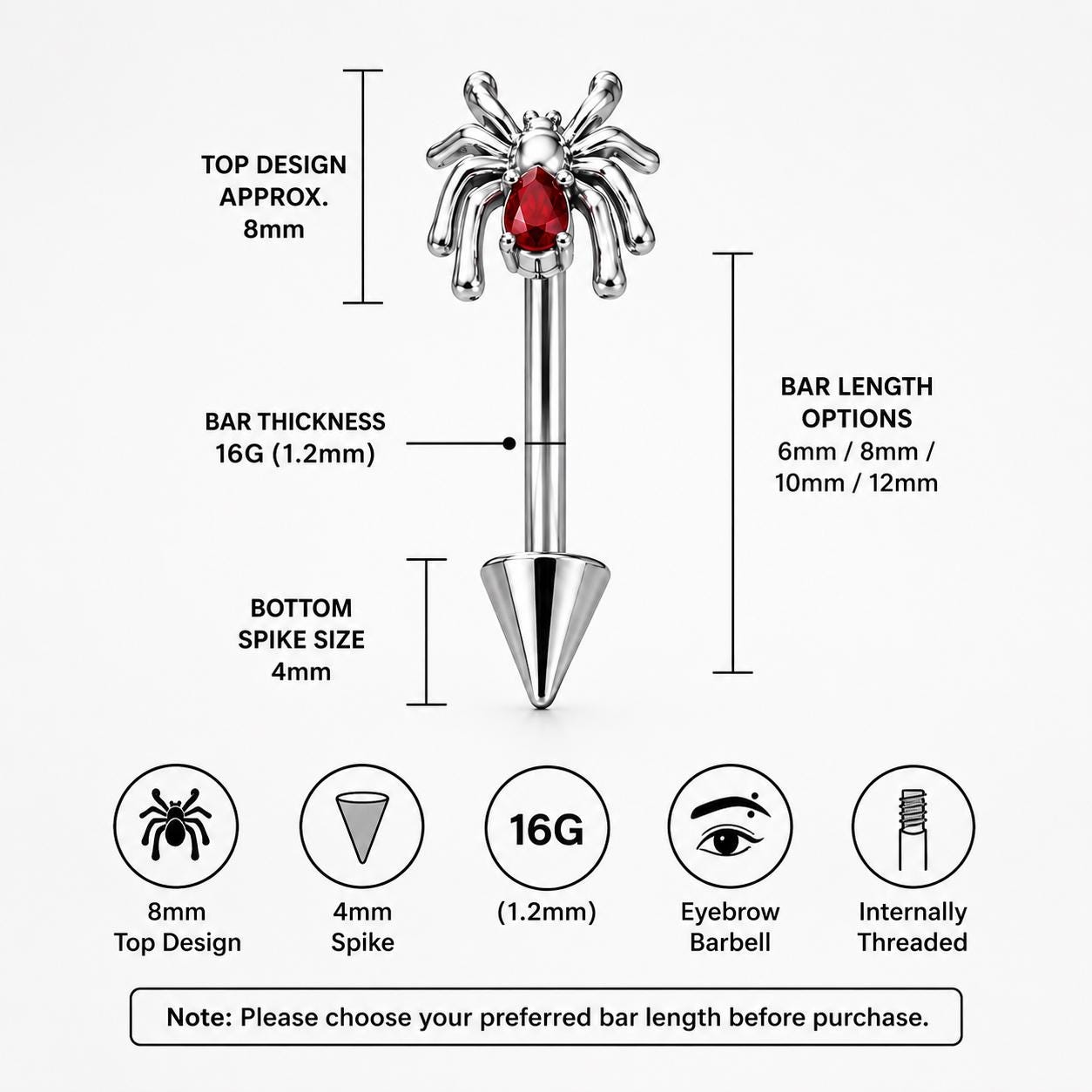 Red Gem Spider Titanium Eyebrow Barbell detail 5