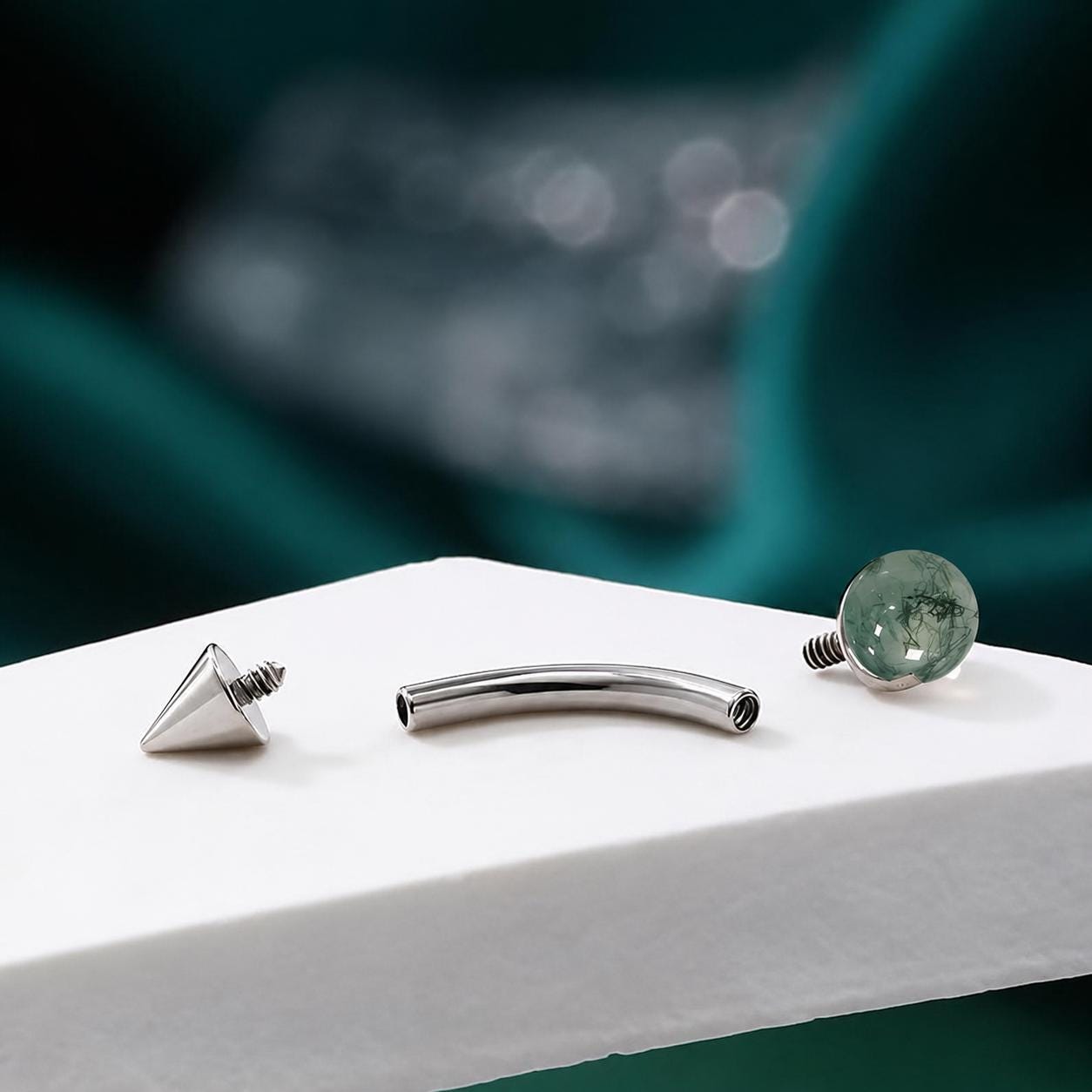 Moss Agate Titanium Eyebrow Barbell detail 4