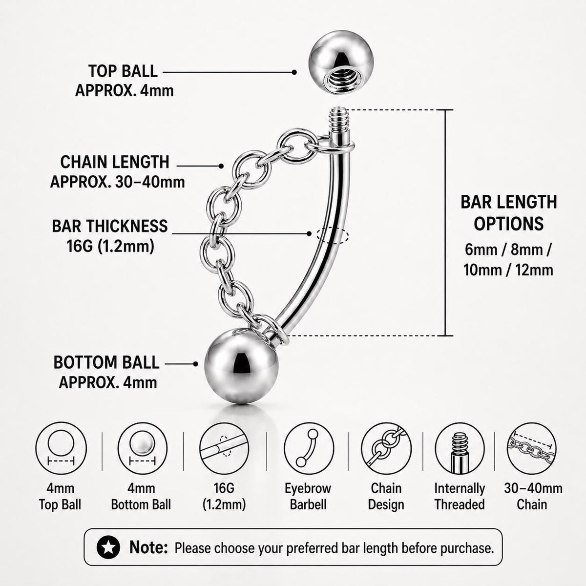 Silver Ball Chain Titanium Eyebrow Barbell detail 6